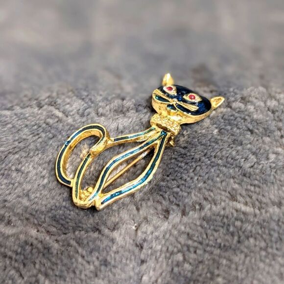 Vintage 80's Enamel and Goldtone Cat Brooche - Picture 5 of 9